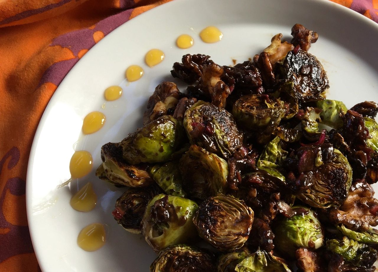 HoneyBalsamic Glazed Brussels Sprouts with Walnuts & Shallots Treks & Bites