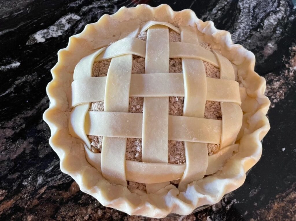 Finished Peach Plum Pie Lattice Crust Before Baking