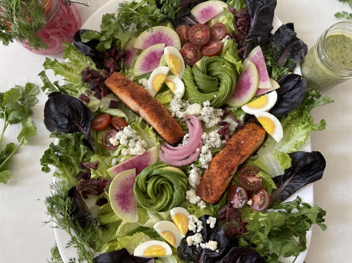 Grilled Salmon Cobb Salad with Cilantro Buttermilk Dressing Treks & Bites