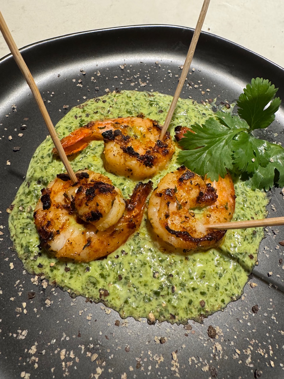 Treks Santa Maria Sizzle Grilled Shrimp on Aji Verde Sauce 1 Treks IMG 8186